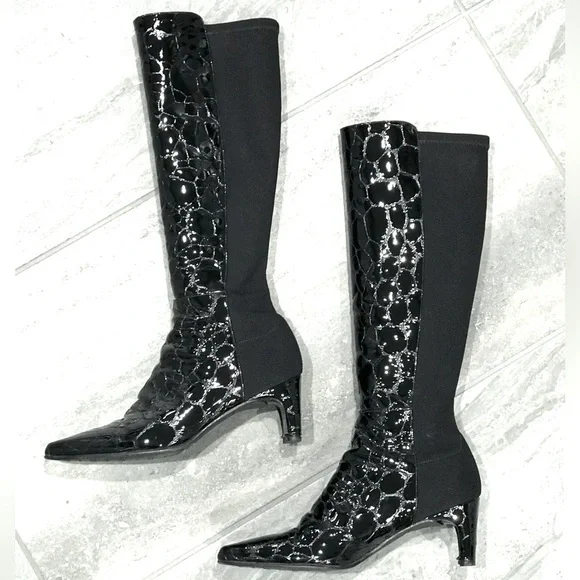 STUART WEITZMAN Croc Embossed 50/50 Ltd Edition Black Patent Leather Heel Boot 4 - Picture 2 of 16